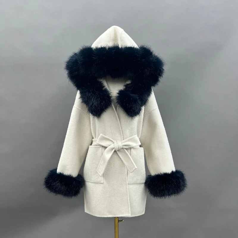 Beige/Navy Cashmere Coat With Faux Fur TrimFlannel Jackets