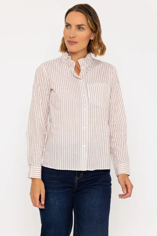 Beige Stripe Ruffle ShirtStreetwear Shirts