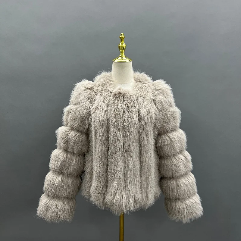 Beige Vertical Design Faux Fur CoatHigh-Fashion Jackets