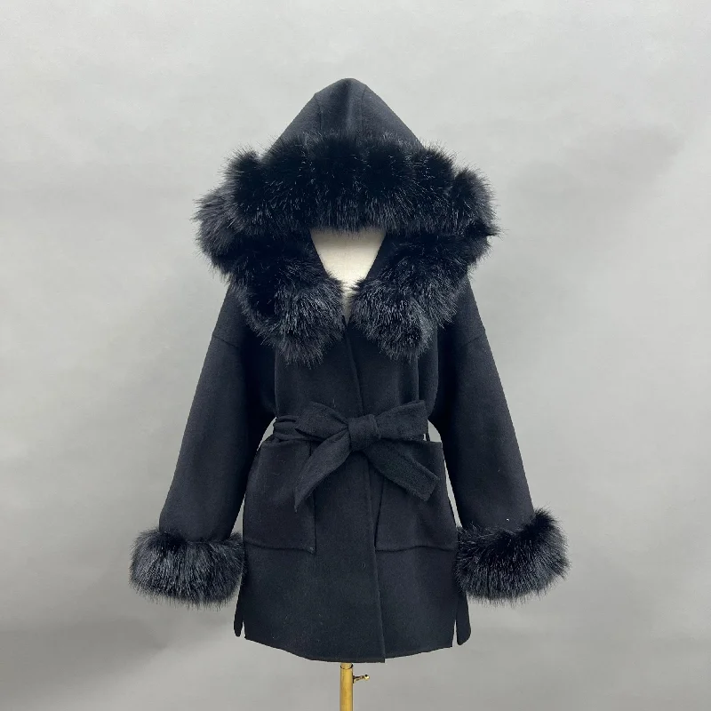 Black/Black Cashmere Coat With Faux Fur TrimEmbellished Jackets