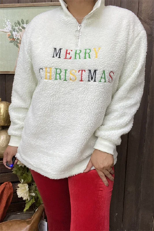 BQ15440 "MERRY CHRISTMAS"words embroidery white polyester fur w/zipper long sleeve women top/sweatshirtPerformance Hoodies