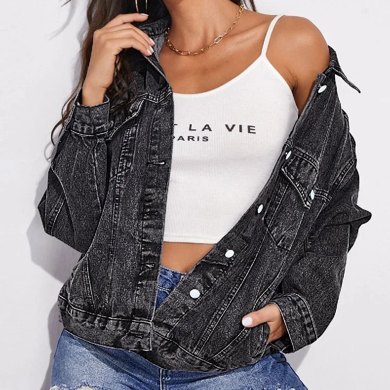 Collared Neck Dropped Shoulder Button-Down Denim JacketDown Jackets