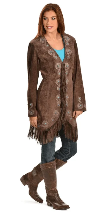 Scully Women's Brown Suede Leather Coat w/Fringe and Turquoise Stud Details L165Punk Jackets