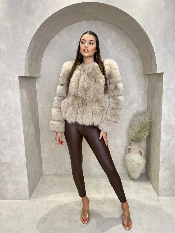 Beige Luxury Fur Vertical Pelt CoatButton-Up Jackets