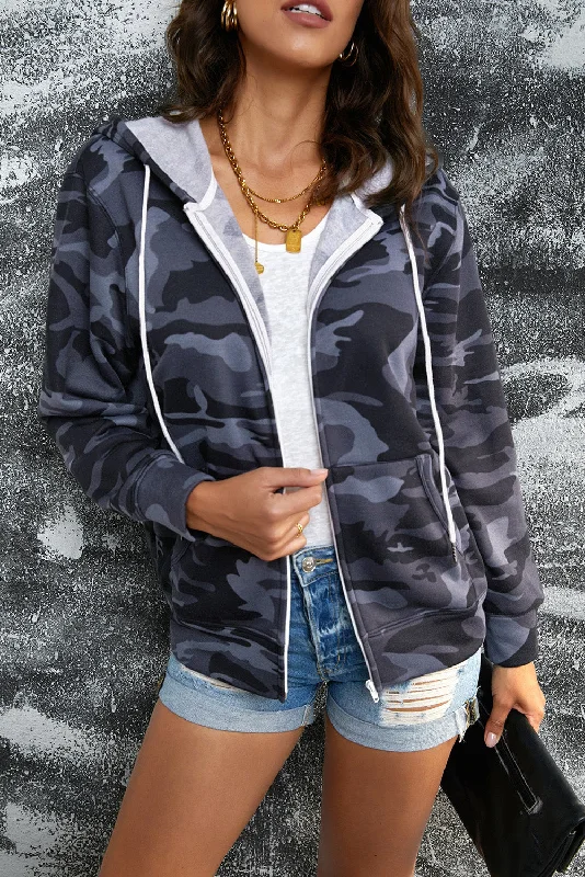 Double Take Camouflage Drawstring Detail Zip Up Hooded JacketCasual Jackets