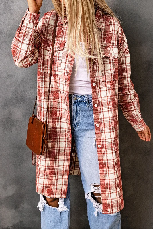 Double Take Plaid Button-Up Longline Shacket with Breast PocketsLounge Jackets