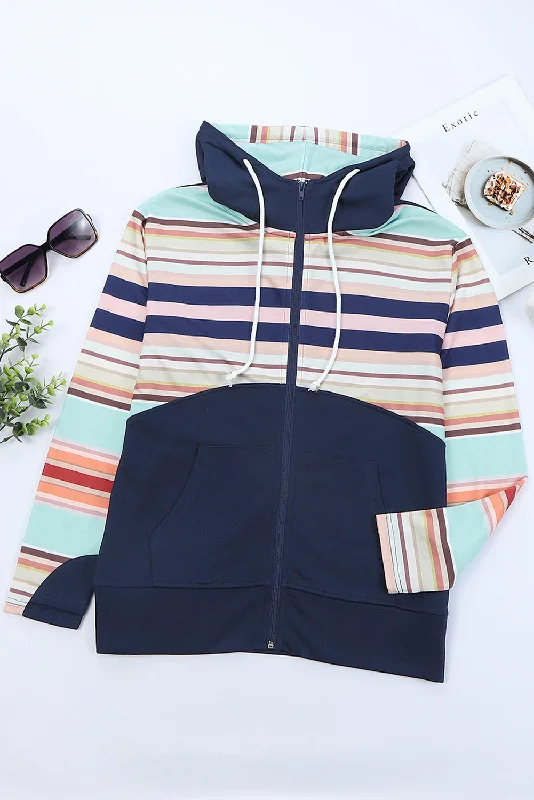 Double Take Striped Color Block Zip Up JacketDown Jackets