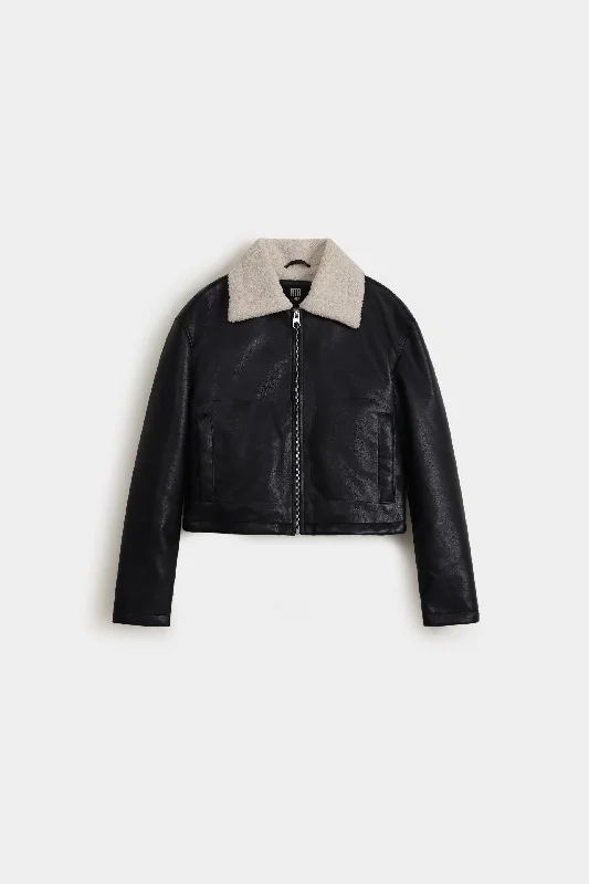 Faux Leather Cropped Jacket With Sherpa CollarOutdoor Jackets