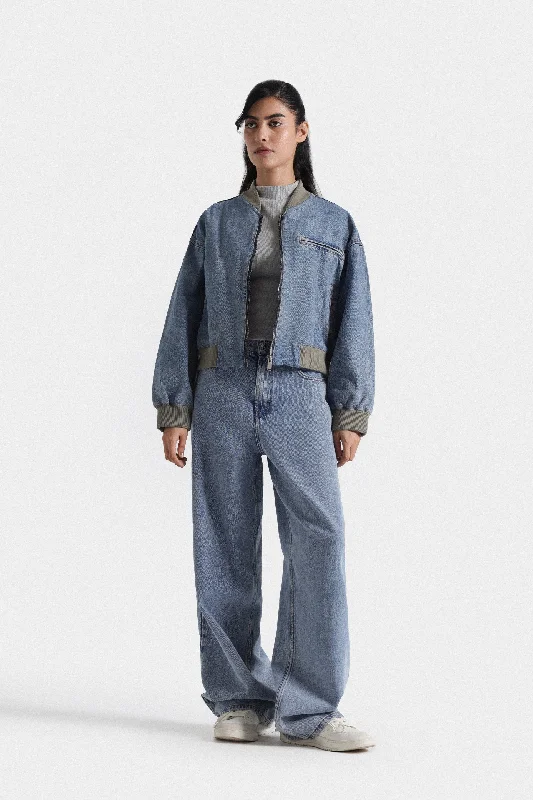 Cropped Washed Out Denim Bomber JacketButton-Up Jackets