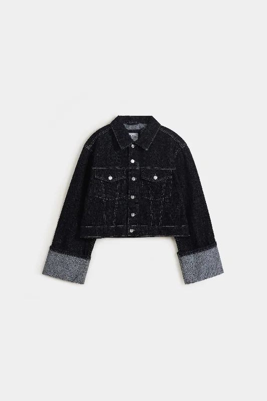 Cropped Denim Jacket With Turn Up SleevesZippered Jackets