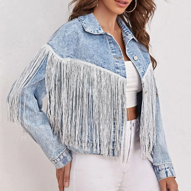 Fringe Detail Collared Neck Long Sleeve Denim JacketWinter Jackets