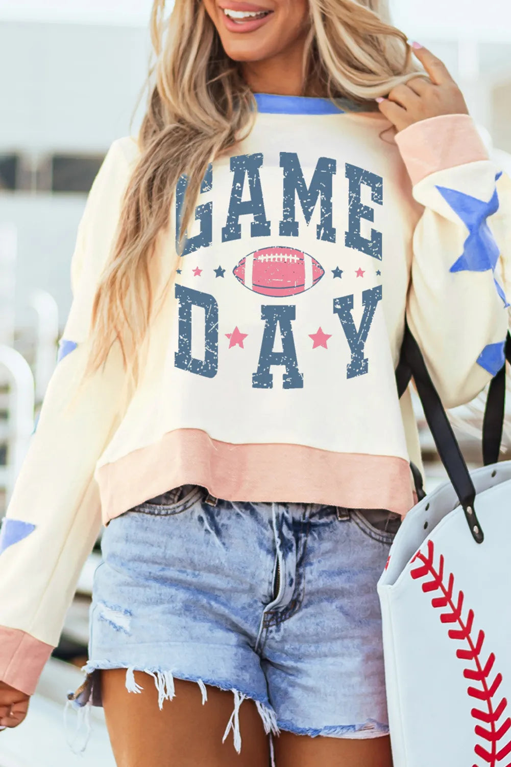 GAME DAY Star Patch Round Neck Long Sleeve SweatshirtRuffled Sweatshirts