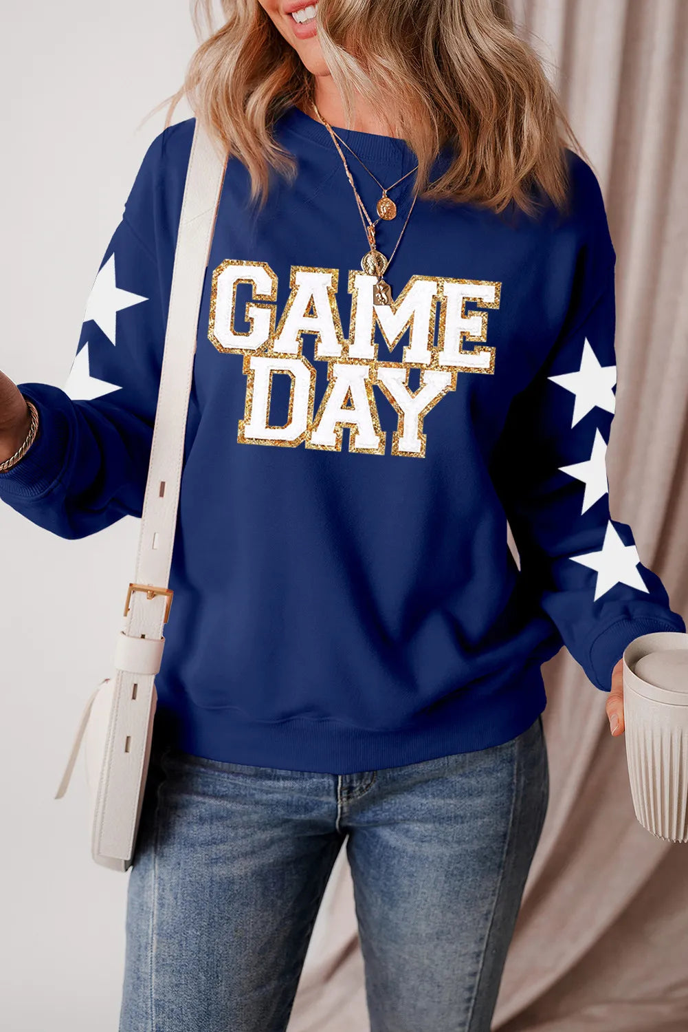 GAME DAY Star Round Neck Long Sleeve SweatshirtMicrofleece Hoodies