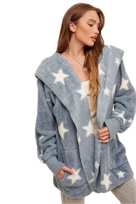 Hem & Thread Star Print Fuzzy Hooded Jacket 8431WPolyester Jackets