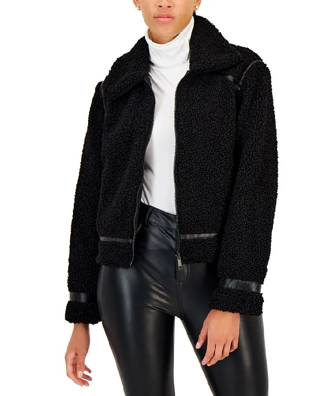 Maralyn & Me Juniors' Faux-Leather-Trim Reversible Fleece Moto Coat, Created for Macy'sLounge Jackets