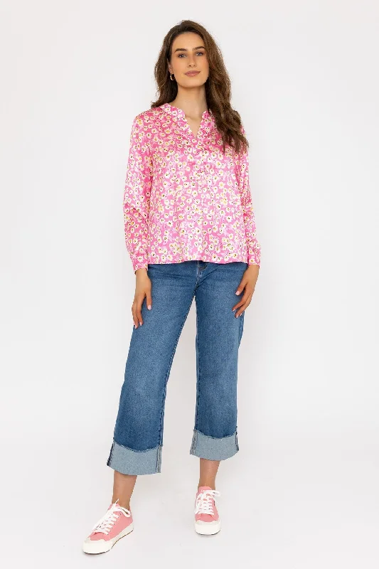 Pink Print Sateen Collarless ShirtSilk Shirts