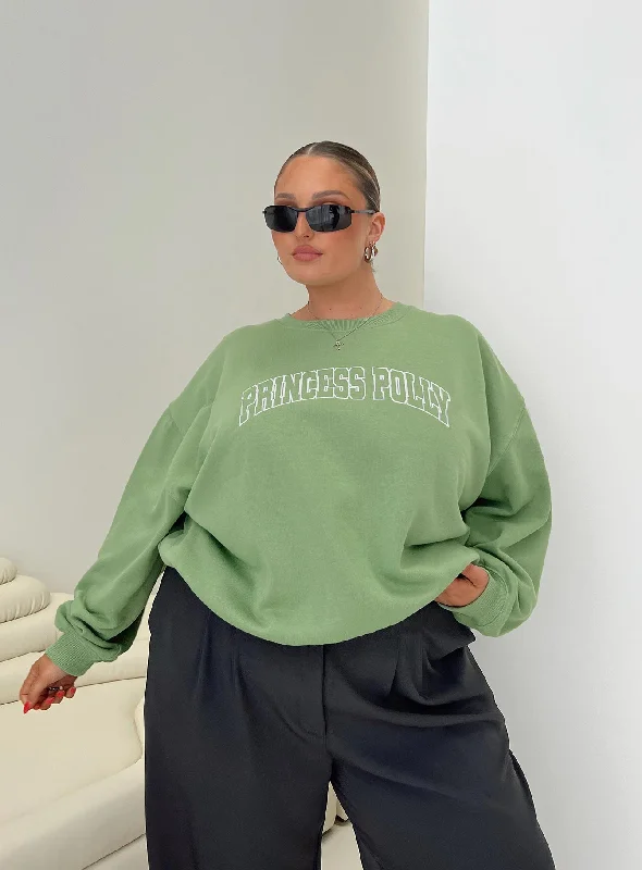 Princess Polly Crew Neck Sweatshirt Collegiate Text Green CurveFestival Sweatshirts