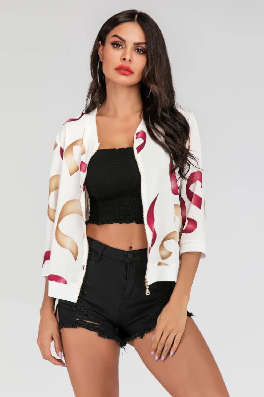 Printed Zip-Up Three-Quarter Sleeve Bomber JacketDown Jackets