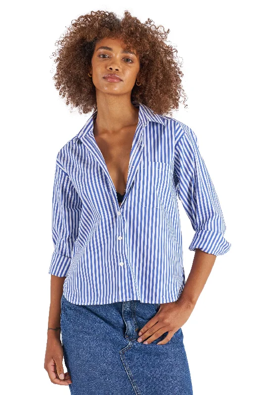 Rita Navy Blue Stripes Boxy Fit Cotton ShirtLace-Up Shirts