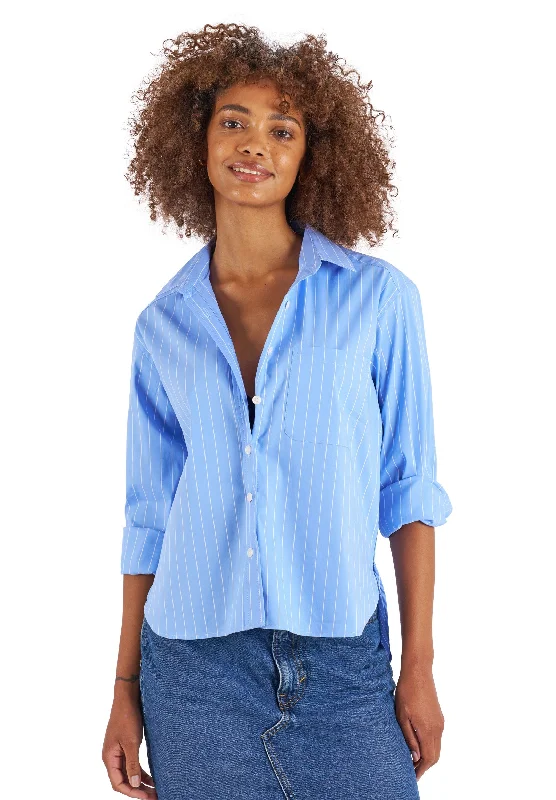 Rita Sky Blue Stripes Boxy Fit Cotton ShirtZippered Shirts