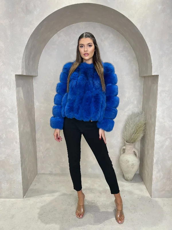 Royal Blue Luxury Fur Vertical Pelt CoatPuffer Jackets