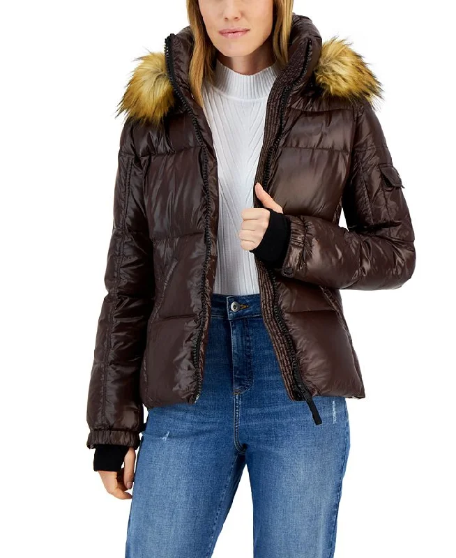 S13 Women's Allie Faux-Fur-Trim Hooded Down Puffer CoatBomber Jackets