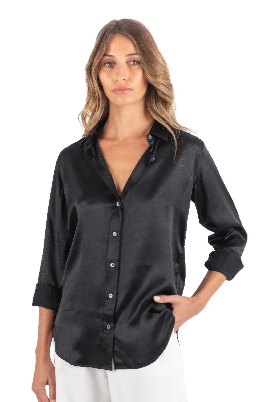 Satin-Silk Black Classic Fit Charmeuse Silk ShirtLogo Shirts