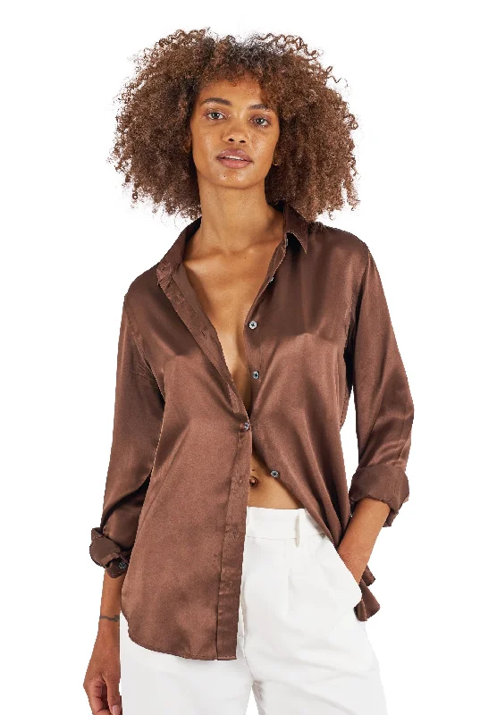 Satin-Silk Coffee Classic Fit Charmeuse Silk ShirtMesh Shirts