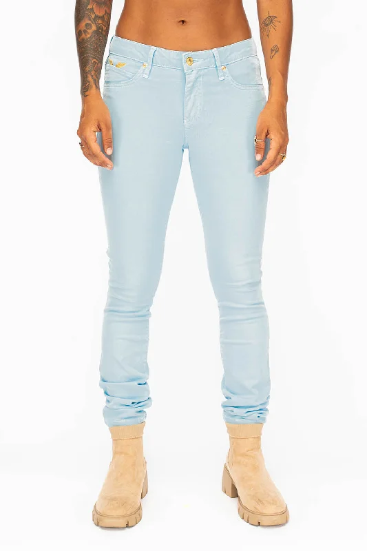 MID RISE WOMENS SKINNY JEANS IN PASTEL BLUE WASHCotton Jackets