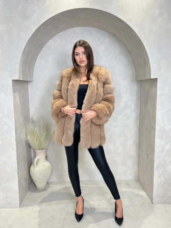 Tan Luxury Fur Mid Length CoatVelvet Jackets