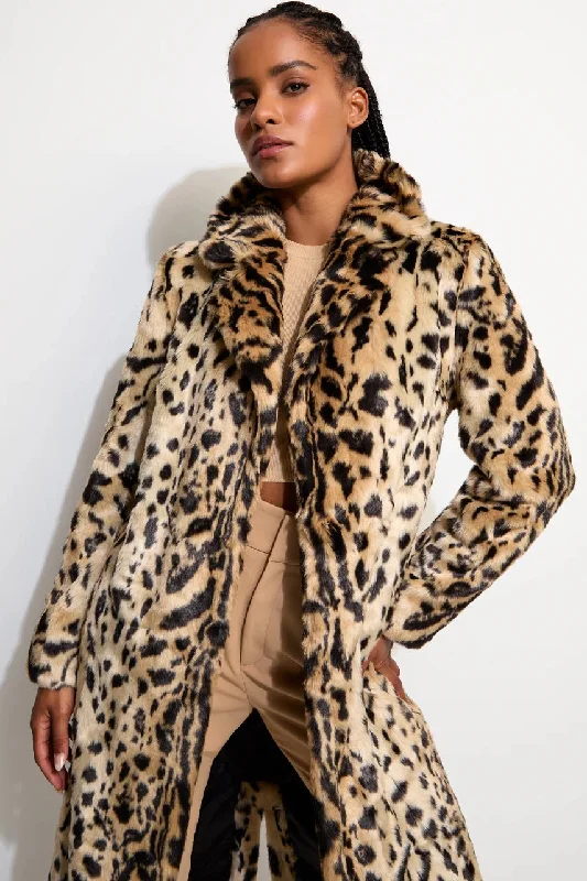 UNREAL FUR Womens The Long Song Coat - Light LeopardCultural Jackets