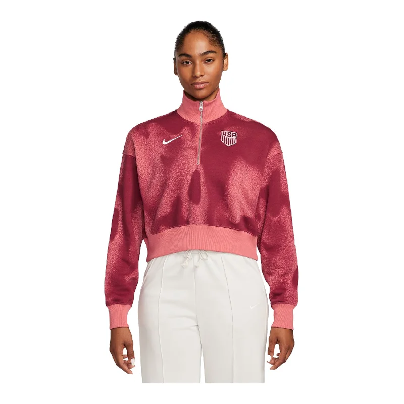 Women's Nike USA Cropped Phoenix Fleece Red 1/2 ZipLeather-Paneled Jackets