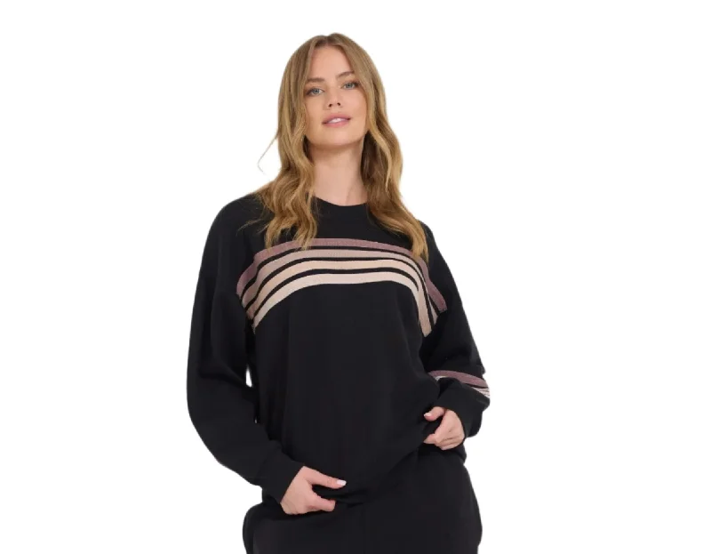 Vintage Havana Neutral Stripe Burnout Fleece Crewneck Sweatshirt Black VH12621Puffer Jackets