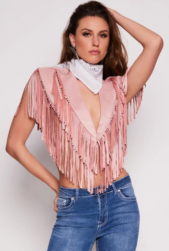 Faux Suede Fringe Bolero VestHooded Jackets