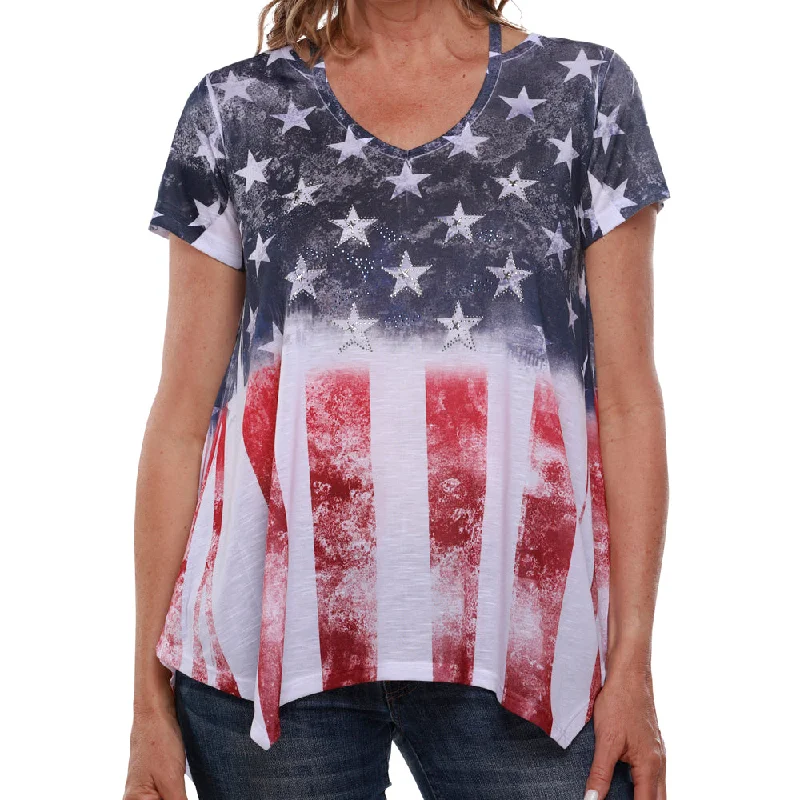 Women's Made in USA American Flag with Rhinestones Stars ShirtTunic Shirts