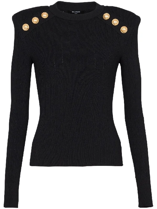 PullovercroppedBALMAIN Elegant Buttoned Black Knit Pullover