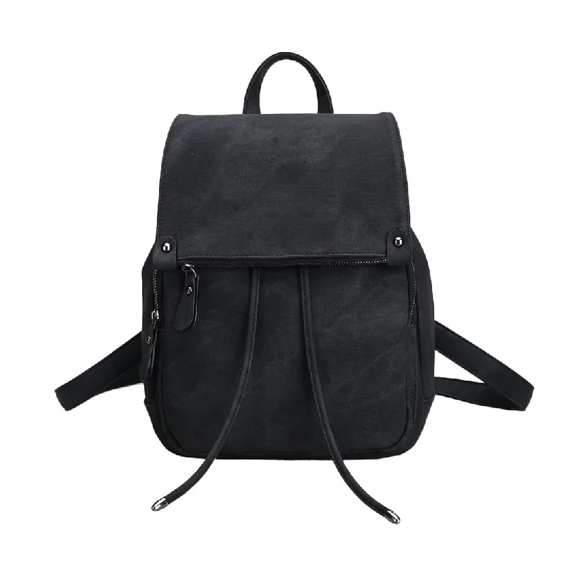 Chloe Butter Vegan Leather Flap Top Draw String Backpack Black