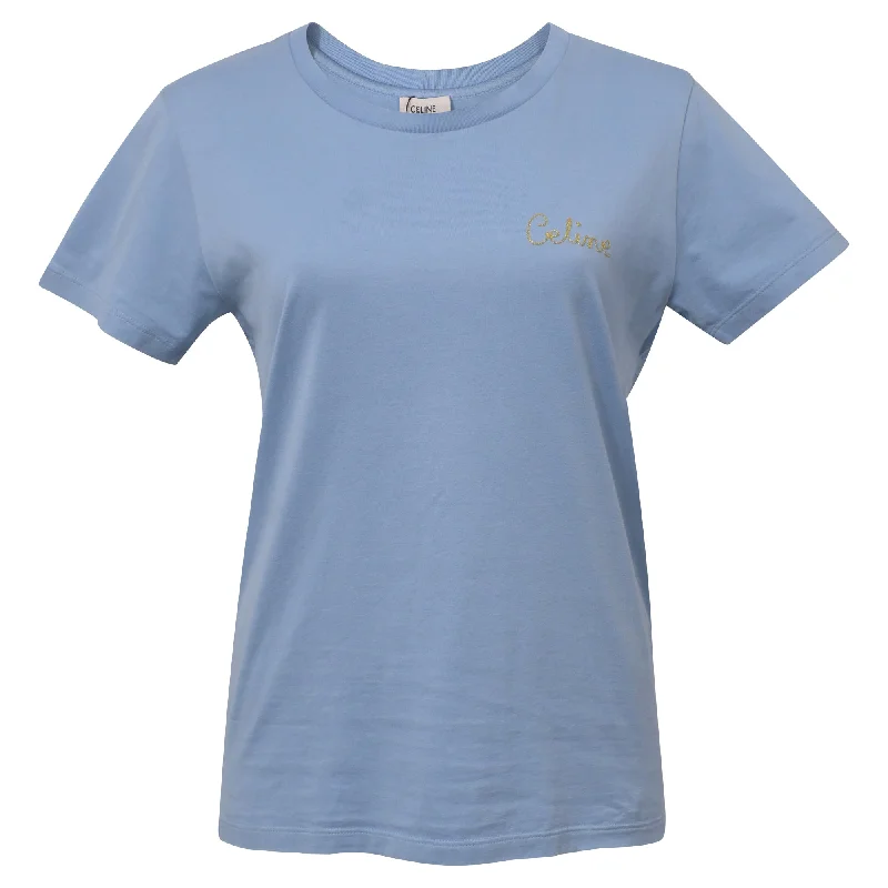 Blended Fabric T-ShirtsCeline Logo Short Sleeve T-Shirt in Blue Cotton