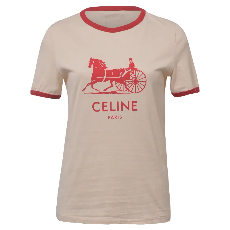 Metallic T-ShirtsCeline Logo Short Sleeve T-Shirt in Cream and Red Cotton