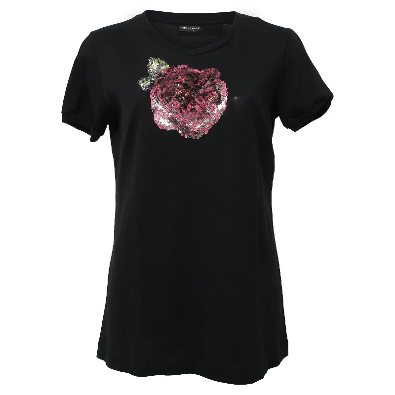 Fleece T-ShirtsDolce & Gabbana Floral Sequin Embellished T-Shirt in Black Cotton