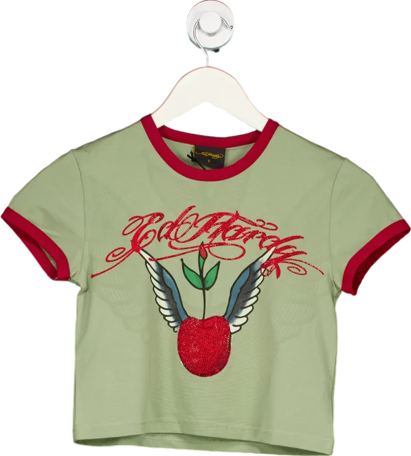 Punk T-ShirtsEd Hardy Celadon Tint Womens Cherry Love Bomb Diamante Baby T-Shirt Top S