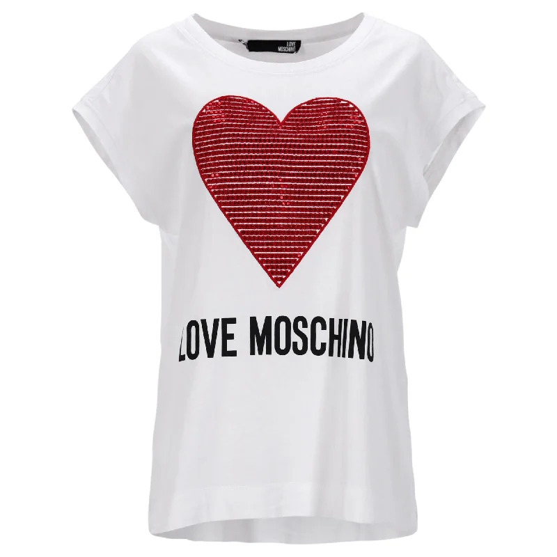 Mesh T-ShirtsLove Moschino Heart Detail T-Shirt in White Cotton