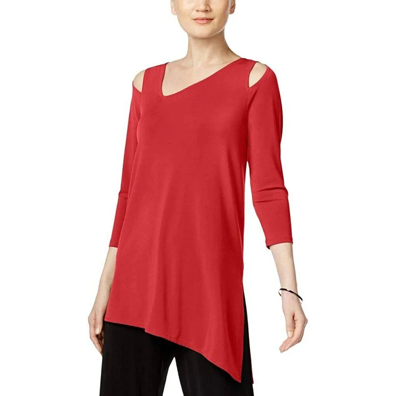 ALFANI LADIES COLD SHOULDER ASYMMETRICAL, Solid Banner Red Tunic TopTunicTopAmber