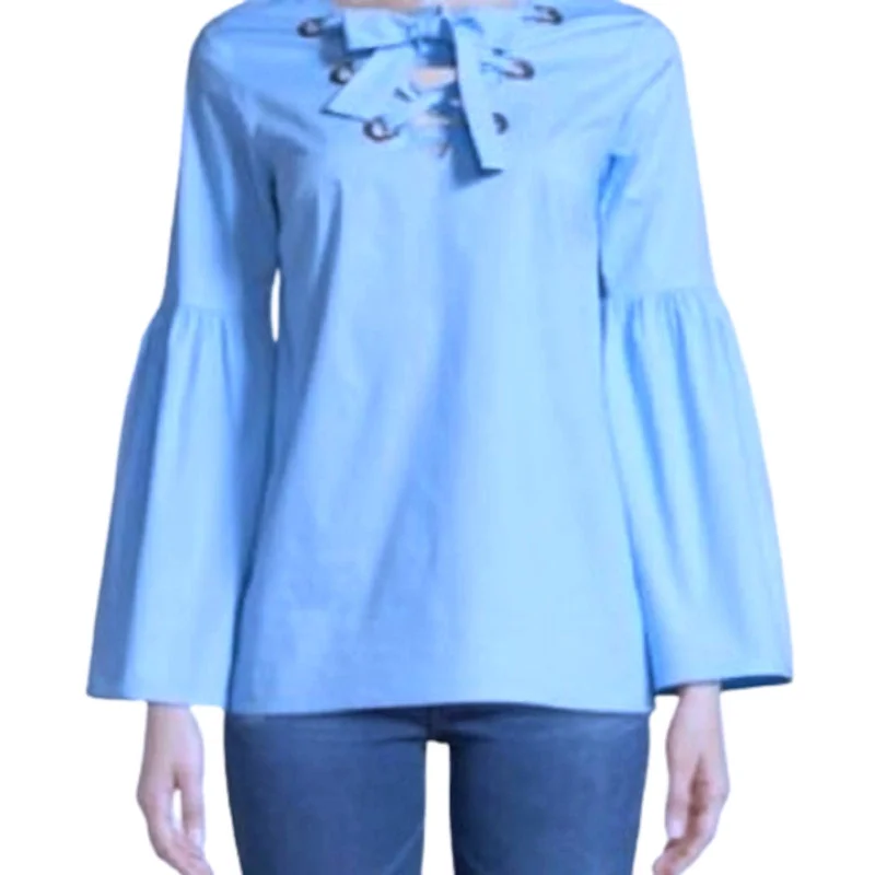 PulloverstretchMichael Kors Ladies Pullover, Lace Front, Bell Sleeve Blouse, Oxford Blue