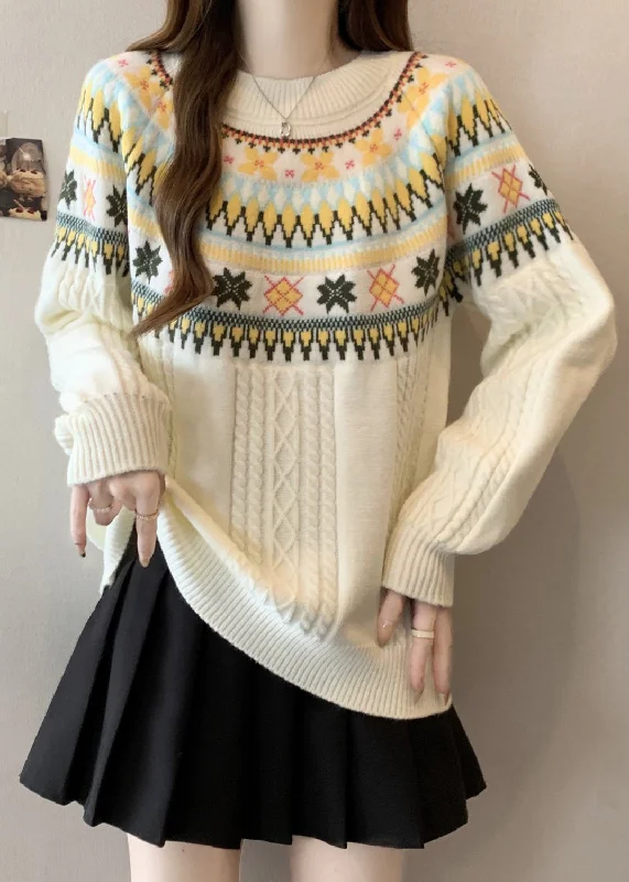 PulloversharpBohemian Beige O Neck Jacquard Thick Knit Pullover Winter