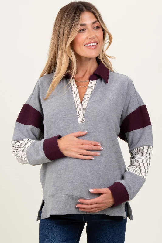 PulloverrelaxedCharcoal Grey Colorblock Stripe Collared Maternity Pullover