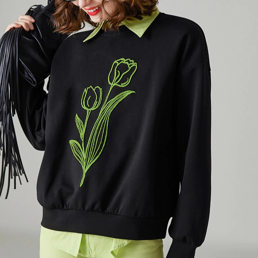 PullovercashmereFashionable Women's Floral Embroidered Loose Fit Pullover Hoodie