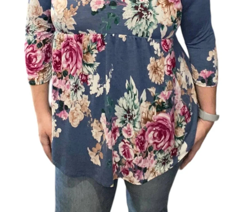 Floral Gabby Babydoll Tunic Top In DenimTunicTopWave