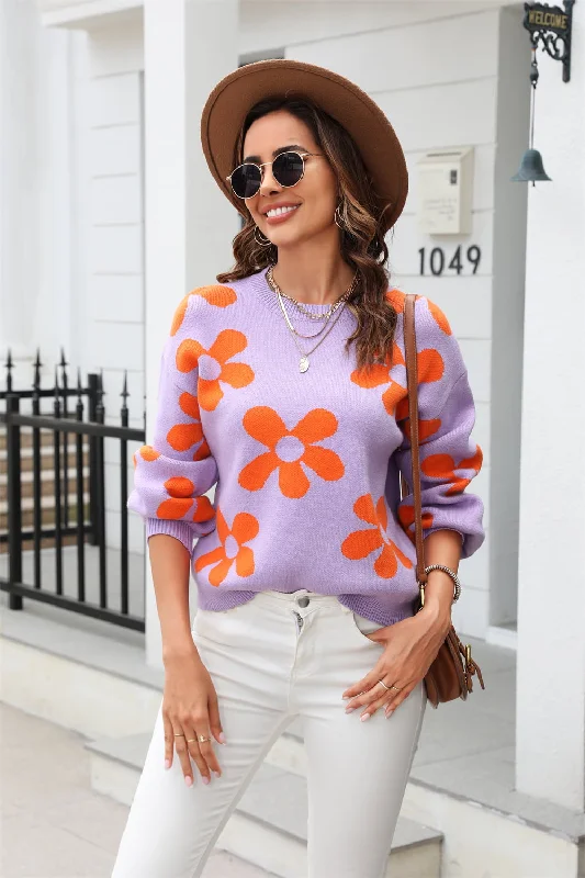 PullovertoneFloral Print Round Neck Dropped Shoulder Pullover Sweater