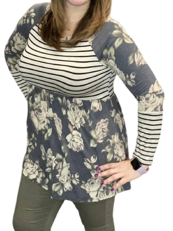 Floral Stripe Babydoll Tunic Top In GreyTunicTopDrift